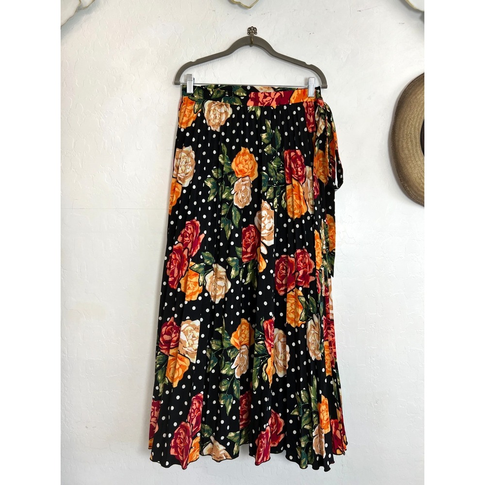 LuLaRoe Lola Pleated Wrap Skirt Sz S Black Polka Dot Red Rose Floral Maxi Midi